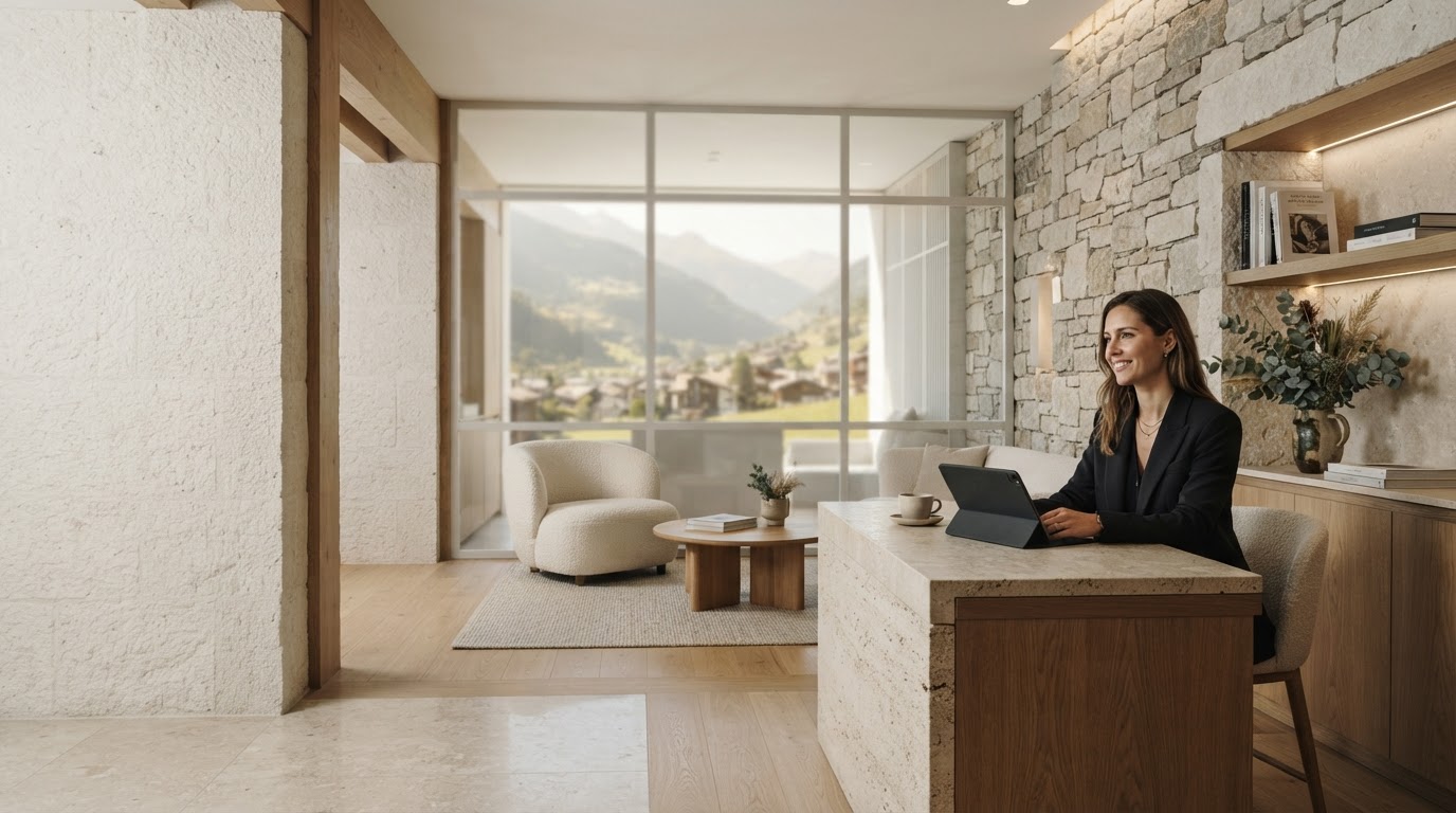 Lumière Rendença — bureau suisse minimaliste illuminé par une lumière naturelle chaude